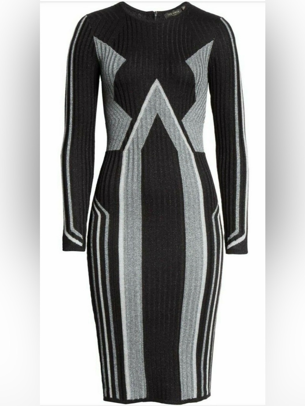 Ted Baker Hesiaa Bodycon Dress XL black silver long sleeve ribbed holiday career - Picture 6 of 16